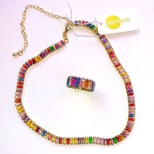 NWT gemelli Choker and matching Baublebar Multicolor Rhinestone Ring *Size 5*